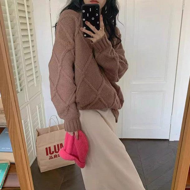 ラウンドネックダイヤ柄ニット 6390-brown_お取り寄せ6390-画像4-韓国ファッション通販POPREA［ポップリア］