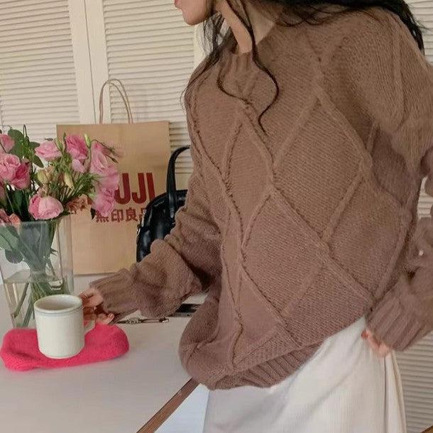 ラウンドネックダイヤ柄ニット 6390-brown_お取り寄せ6390-画像6-韓国ファッション通販POPREA［ポップリア］