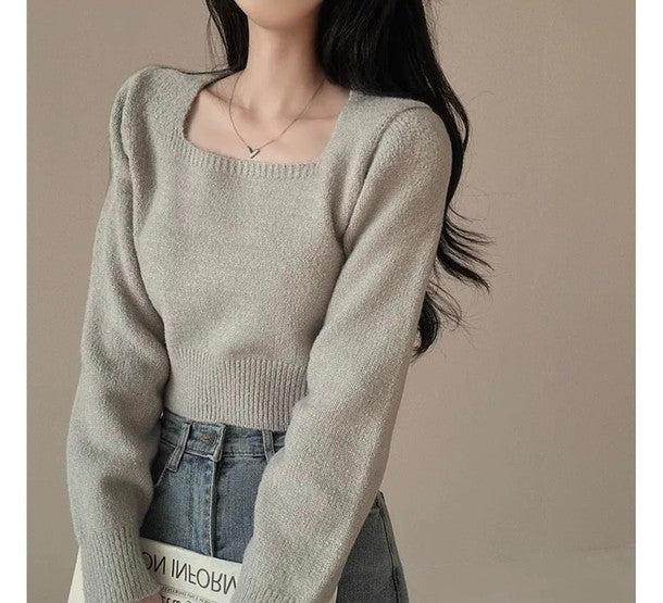 スクエアネックショートニット 6391-gray_お取り寄せ63912-画像6-韓国ファッション通販POPREA［ポップリア］