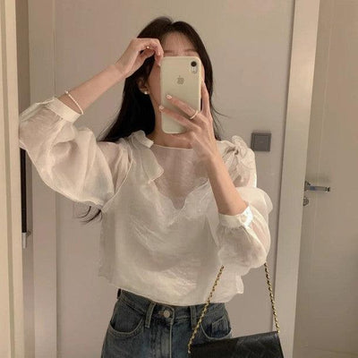 ショルダーリボンシアーブラウス 6400-white_お取り寄せ6400-画像2-韓国ファッション通販POPREA［ポップリア］