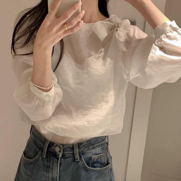 ショルダーリボンシアーブラウス 6400-white_お取り寄せ6400-画像3-韓国ファッション通販POPREA［ポップリア］