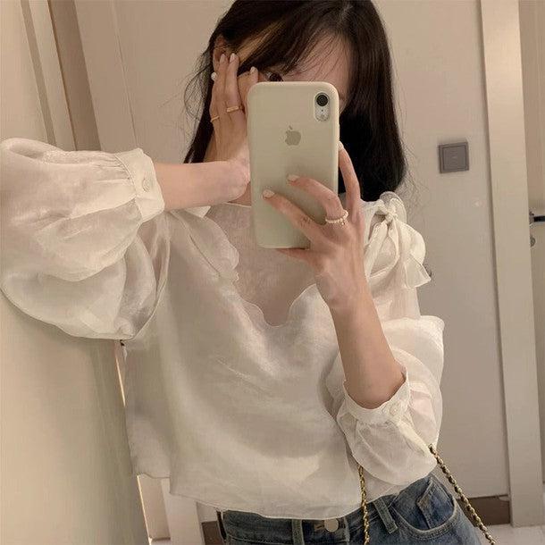 ショルダーリボンシアーブラウス 6400-white_お取り寄せ6400-画像6-韓国ファッション通販POPREA［ポップリア］