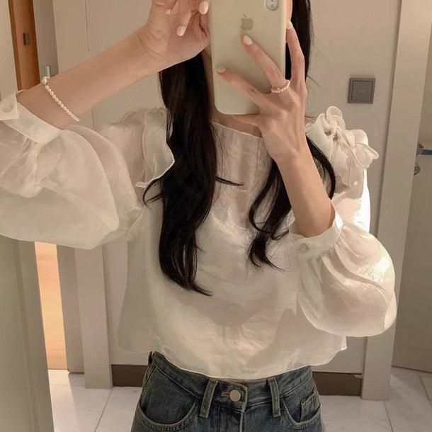 ショルダーリボンシアーブラウス 6400-white_お取り寄せ6400-画像1-韓国ファッション通販POPREA［ポップリア］