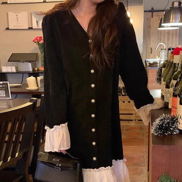 レースフリルニットワンピース 6401-black_お取り寄せ6401-画像10-韓国ファッション通販POPREA［ポップリア］