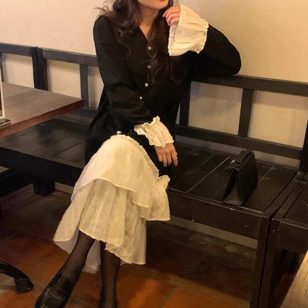 レースフリルニットワンピース 6401-black_お取り寄せ6401-画像2-韓国ファッション通販POPREA［ポップリア］