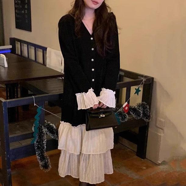 レースフリルニットワンピース 6401-black_お取り寄せ6401-画像3-韓国ファッション通販POPREA［ポップリア］