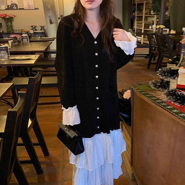 レースフリルニットワンピース 6401-black_お取り寄せ6401-画像1-韓国ファッション通販POPREA［ポップリア］