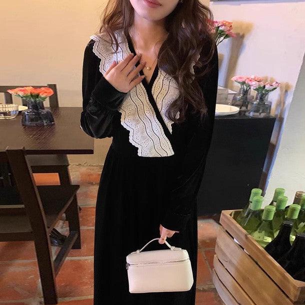 Vネックレースベルベットワンピース 6402-black_お取り寄せ6402-画像10-韓国ファッション通販POPREA［ポップリア］