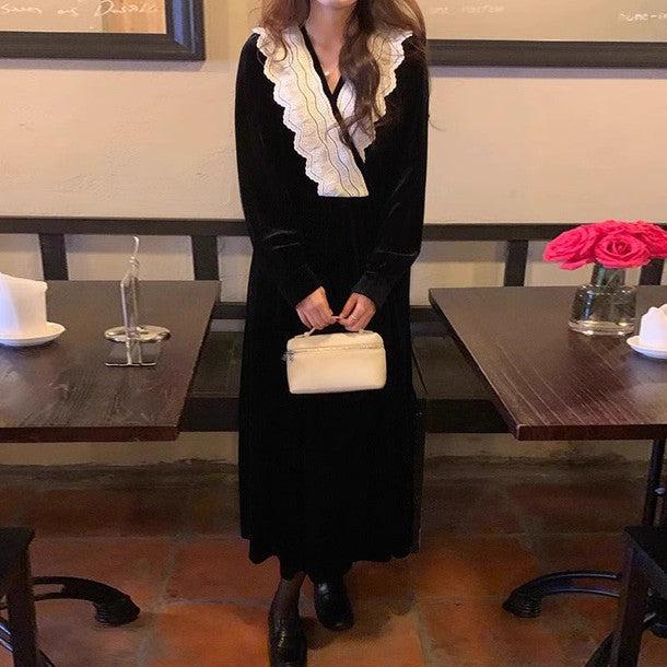 Vネックレースベルベットワンピース 6402-black_お取り寄せ6402-画像2-韓国ファッション通販POPREA［ポップリア］