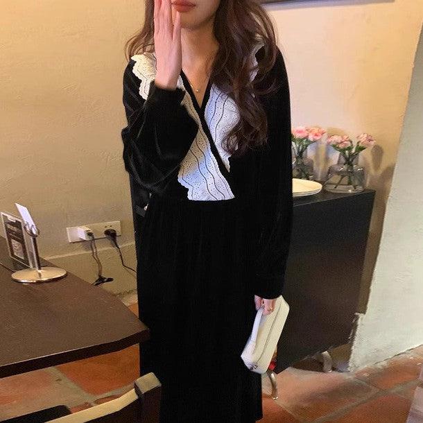 Vネックレースベルベットワンピース 6402-black_お取り寄せ6402-画像3-韓国ファッション通販POPREA［ポップリア］