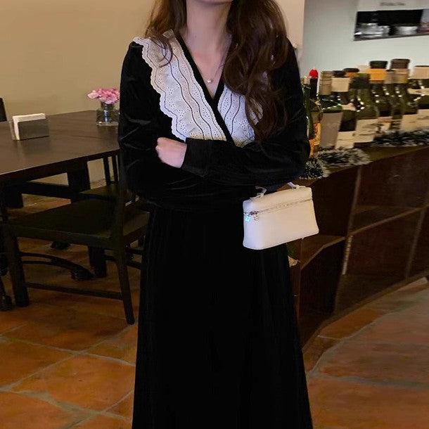 Vネックレースベルベットワンピース 6402-black_お取り寄せ6402-画像4-韓国ファッション通販POPREA［ポップリア］