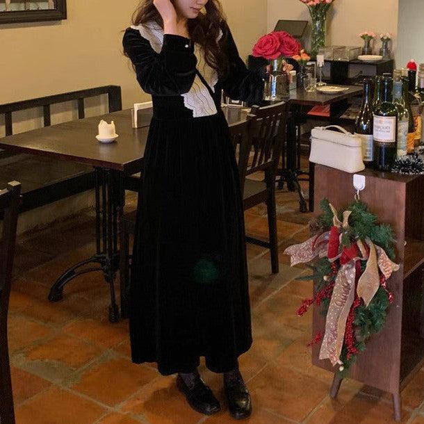 Vネックレースベルベットワンピース 6402-black_お取り寄せ6402-画像5-韓国ファッション通販POPREA［ポップリア］