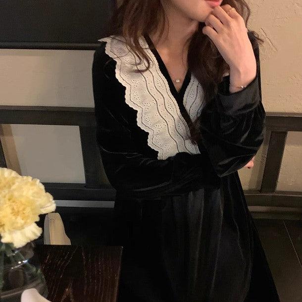 Vネックレースベルベットワンピース 6402-black_お取り寄せ6402-画像6-韓国ファッション通販POPREA［ポップリア］