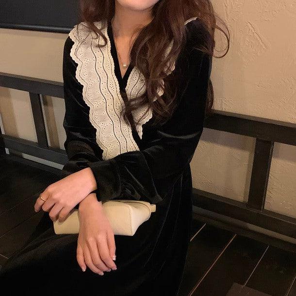 Vネックレースベルベットワンピース 6402-black_お取り寄せ6402-画像7-韓国ファッション通販POPREA［ポップリア］