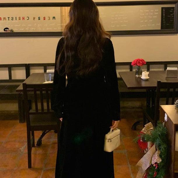 Vネックレースベルベットワンピース 6402-black_お取り寄せ6402-画像8-韓国ファッション通販POPREA［ポップリア］