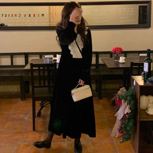 Vネックレースベルベットワンピース 6402-black_お取り寄せ6402-画像9-韓国ファッション通販POPREA［ポップリア］