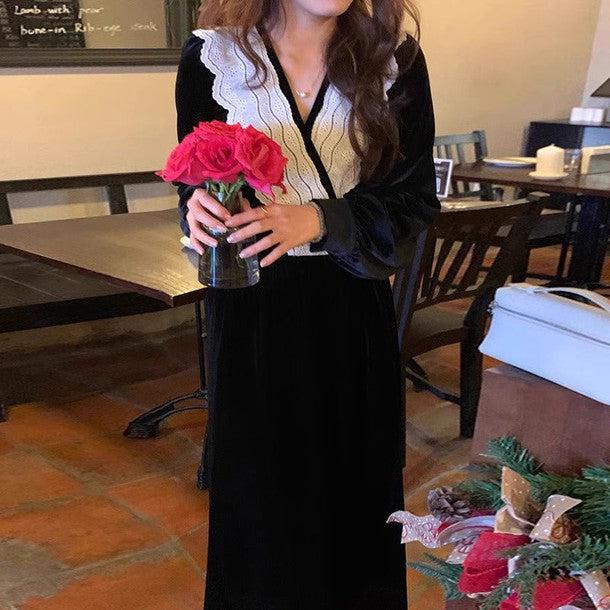 Vネックレースベルベットワンピース 6402-black_お取り寄せ6402-画像1-韓国ファッション通販POPREA［ポップリア］