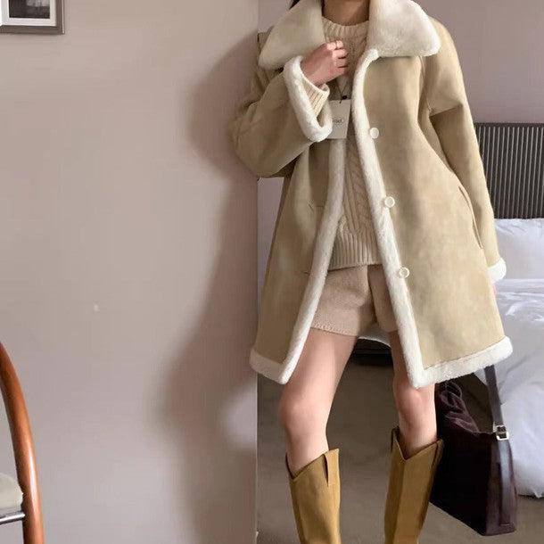 ふわふわリバーシブルハーフボアムートン 6425-beige_お取り寄せ6425-画像2-韓国ファッション通販POPREA［ポップリア］