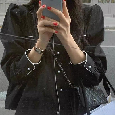 ラウンドネックカラーブロックエッジブラウス﻿ 6442-black_お取り寄せ6442-画像3-韓国ファッション通販POPREA［ポップリア］