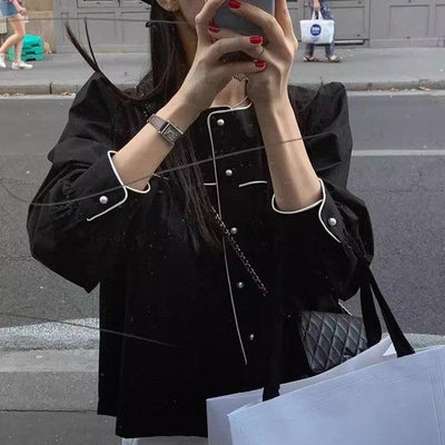 ラウンドネックカラーブロックエッジブラウス﻿ 6442-black_お取り寄せ6442-画像4-韓国ファッション通販POPREA［ポップリア］