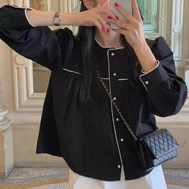 ラウンドネックカラーブロックエッジブラウス﻿ 6442-black_お取り寄せ6442-画像5-韓国ファッション通販POPREA［ポップリア］