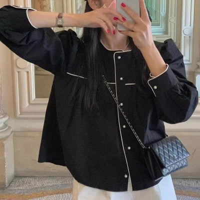 ラウンドネックカラーブロックエッジブラウス﻿ 6442-black_お取り寄せ6442-画像5-韓国ファッション通販POPREA［ポップリア］