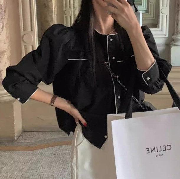 ラウンドネックカラーブロックエッジブラウス﻿ 6442-black_お取り寄せ6442-画像1-韓国ファッション通販POPREA［ポップリア］