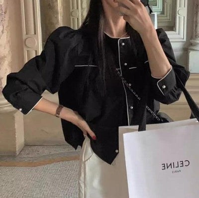 ラウンドネックカラーブロックエッジブラウス﻿ 6442-black_お取り寄せ6442-画像1-韓国ファッション通販POPREA［ポップリア］