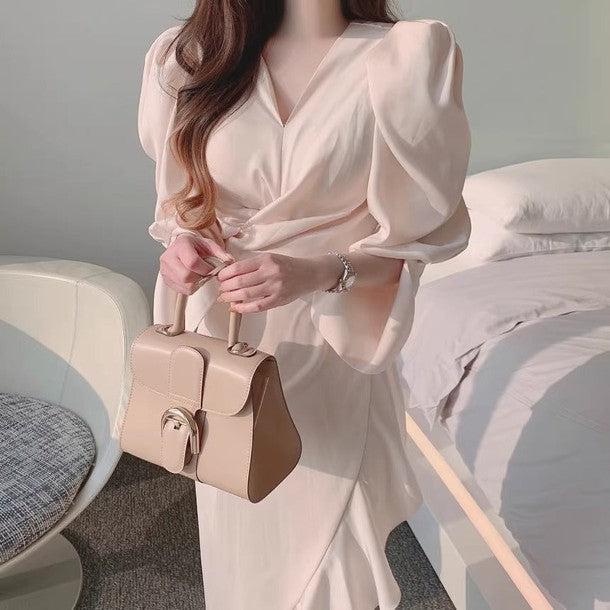 Vネックマーメイドフリルドレス 6449-pink_お取り寄せ64492-画像6-韓国ファッション通販POPREA［ポップリア］