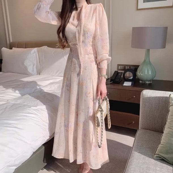 フラワーシアーシフォンドレス 6450-pink_お取り寄せ6450-画像2-韓国ファッション通販POPREA［ポップリア］