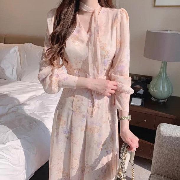 フラワーシアーシフォンドレス 6450-pink_お取り寄せ6450-画像3-韓国ファッション通販POPREA［ポップリア］