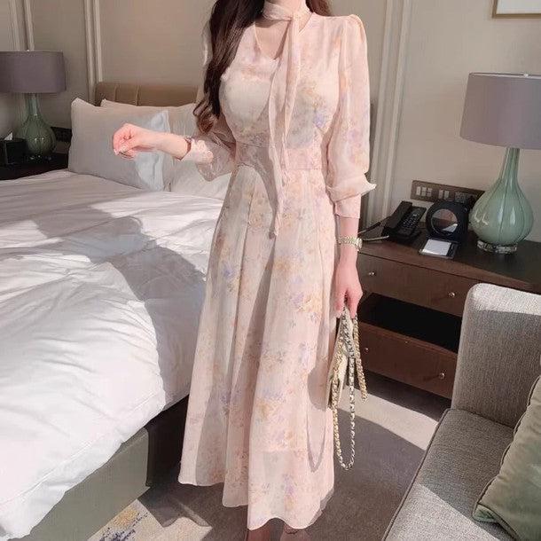 フラワーシアーシフォンドレス 6450-pink_お取り寄せ6450-画像4-韓国ファッション通販POPREA［ポップリア］