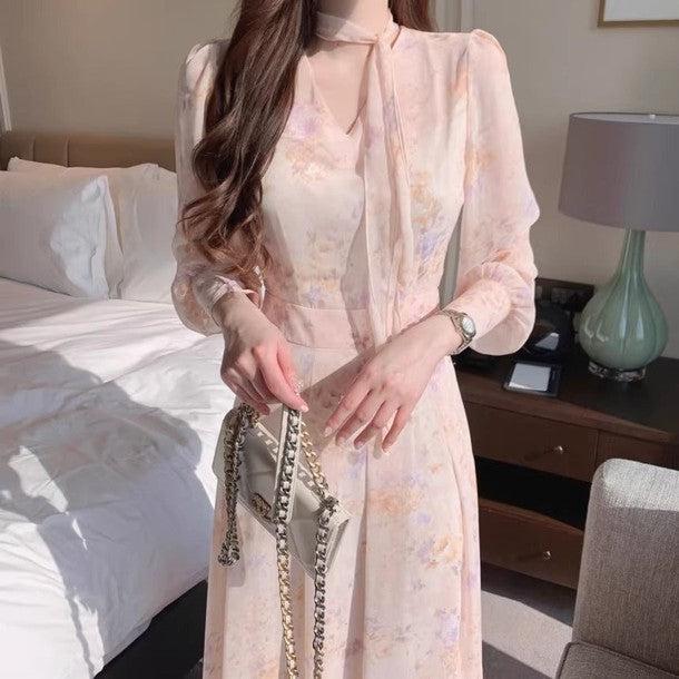 フラワーシアーシフォンドレス 6450-pink_お取り寄せ6450-画像6-韓国ファッション通販POPREA［ポップリア］