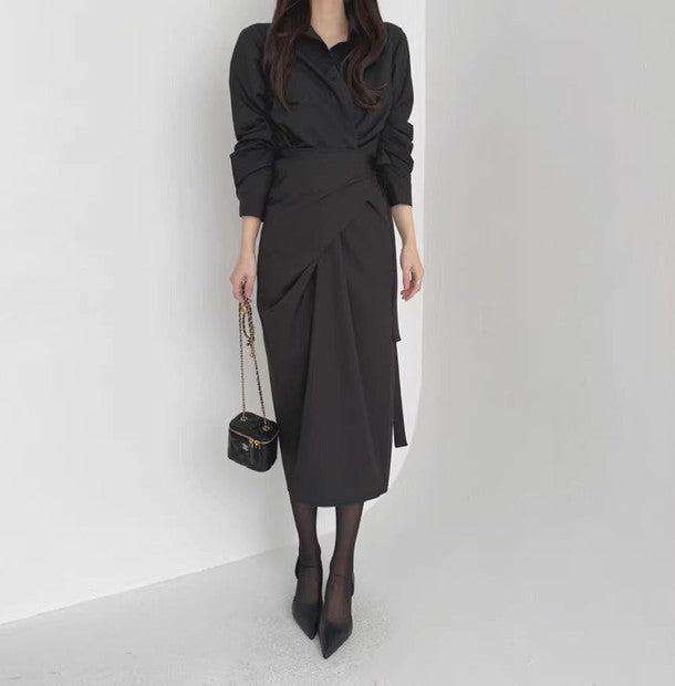 ラップカラータイトワンピース 6454-black_お取り寄せ6454-画像2-韓国ファッション通販POPREA［ポップリア］