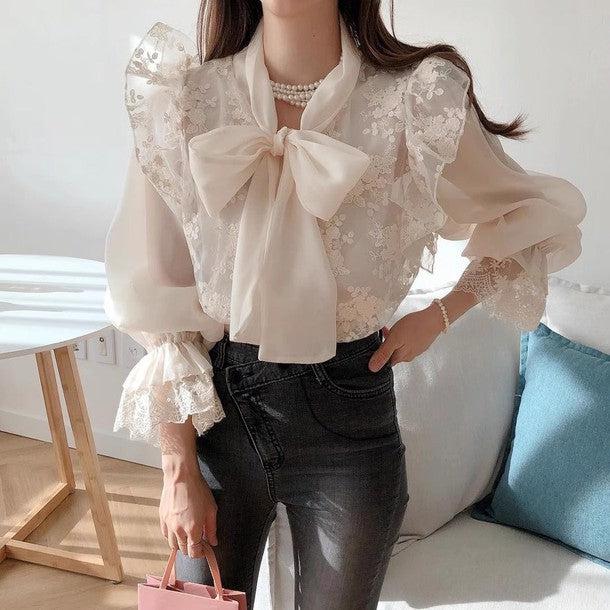 パフスリーブフロントリボンブラウス 6459-ivory_お取り寄せ6459-画像4-韓国ファッション通販POPREA［ポップリア］