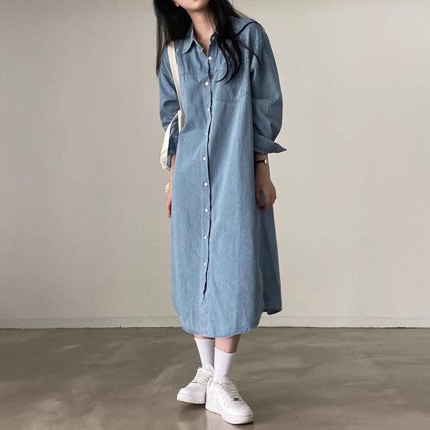 デニムリボンポケットロングワンピース 6472-light-blue_お取り寄せ64721-画像2-韓国ファッション通販POPREA［ポップリア］