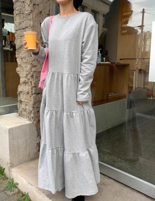 ティアードスカートスエットワンピース 6475-gray_お取り寄せ6475-画像3-韓国ファッション通販POPREA［ポップリア］