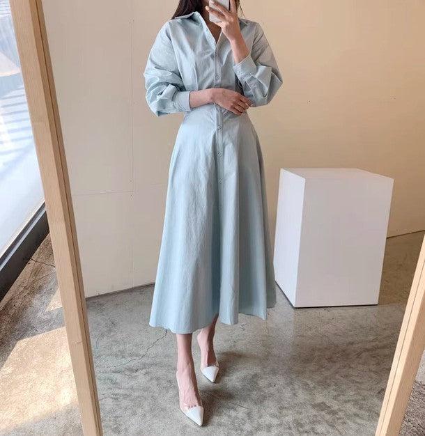 ハイウエストマキシシャツワンピース 6477-blue_お取り寄せ64772-画像1-韓国ファッション通販POPREA［ポップリア］