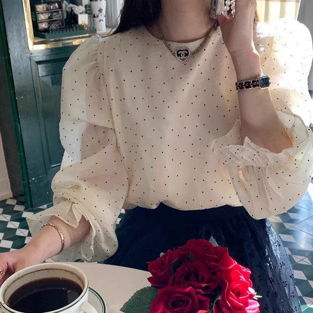 リボン付シフォンブラウス 6485-dot_お取り寄せ64851-画像2-韓国ファッション通販POPREA［ポップリア］