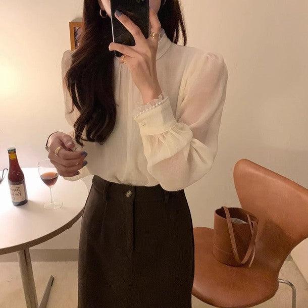 プチフリルパールブラウス 6486-ivory_お取り寄せ6486-画像2-韓国ファッション通販POPREA［ポップリア］