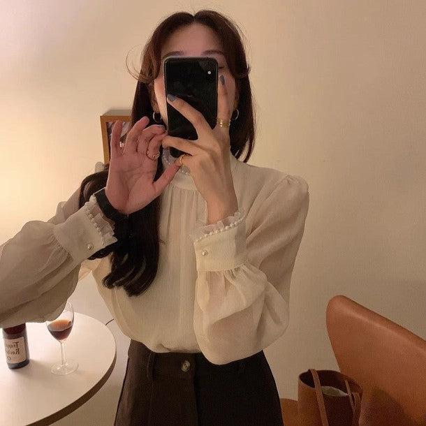 プチフリルパールブラウス 6486-ivory_お取り寄せ6486-画像3-韓国ファッション通販POPREA［ポップリア］