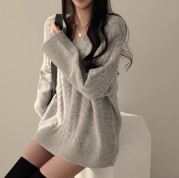 Vネック長袖ケーブル編みニット 6499-gray_お取り寄せ6499-画像2-韓国ファッション通販POPREA［ポップリア］