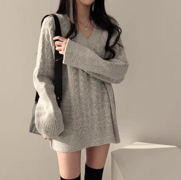 Vネック長袖ケーブル編みニット 6499-gray_お取り寄せ6499-画像3-韓国ファッション通販POPREA［ポップリア］