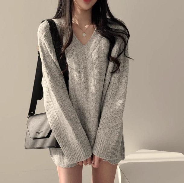 Vネック長袖ケーブル編みニット 6499-gray_お取り寄せ6499-画像5-韓国ファッション通販POPREA［ポップリア］