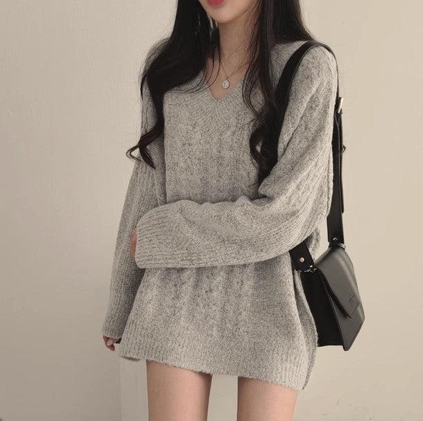 Vネック長袖ケーブル編みニット 6499-gray_お取り寄せ6499-画像6-韓国ファッション通販POPREA［ポップリア］