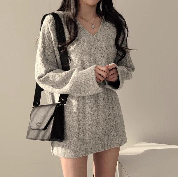 Vネック長袖ケーブル編みニット 6499-gray_お取り寄せ6499-画像8-韓国ファッション通販POPREA［ポップリア］