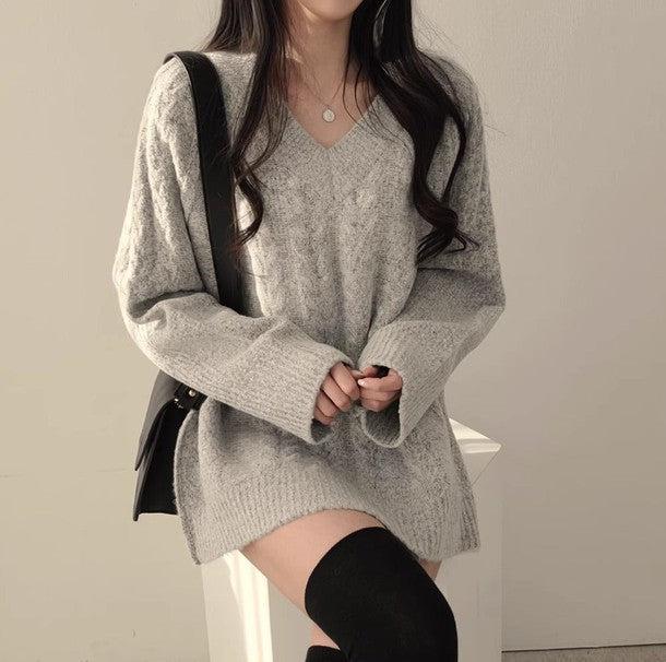 Vネック長袖ケーブル編みニット 6499-gray_お取り寄せ6499-画像9-韓国ファッション通販POPREA［ポップリア］