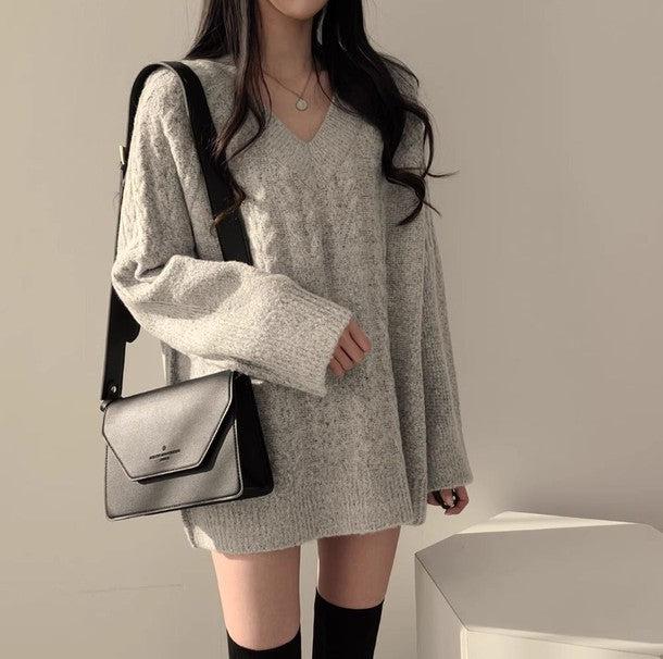 Vネック長袖ケーブル編みニット 6499-gray_お取り寄せ6499-画像1-韓国ファッション通販POPREA［ポップリア］