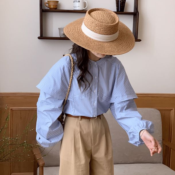 ノーカラーストライプスデザインシャツ 6502-blue_お取り寄せ6502-画像10-韓国ファッション通販POPREA［ポップリア］