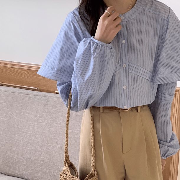 ノーカラーストライプスデザインシャツ 6502-blue_お取り寄せ6502-画像2-韓国ファッション通販POPREA［ポップリア］